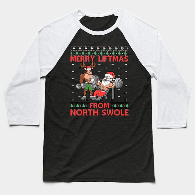 Merry Liftmas From North Swole Muscle Santa Weightlifting Baseball T-Shirt by rhazi mode plagget